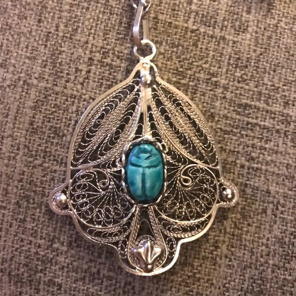 Hand Crafted Jewelry - “Turquoise Scarab Beetle” Lacey Elaborate Ancient Egyptian Carved Totem Necklace